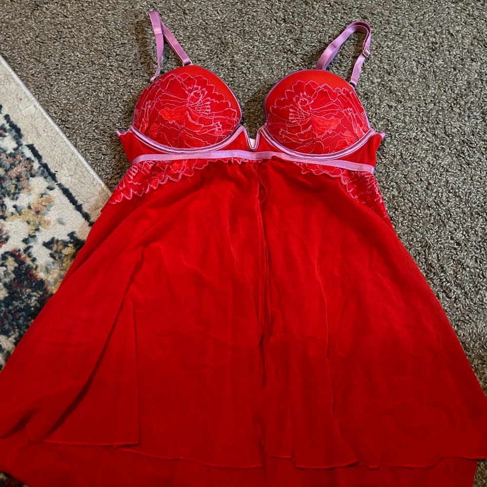 Auden Red Lace Chemise with Pink Straps